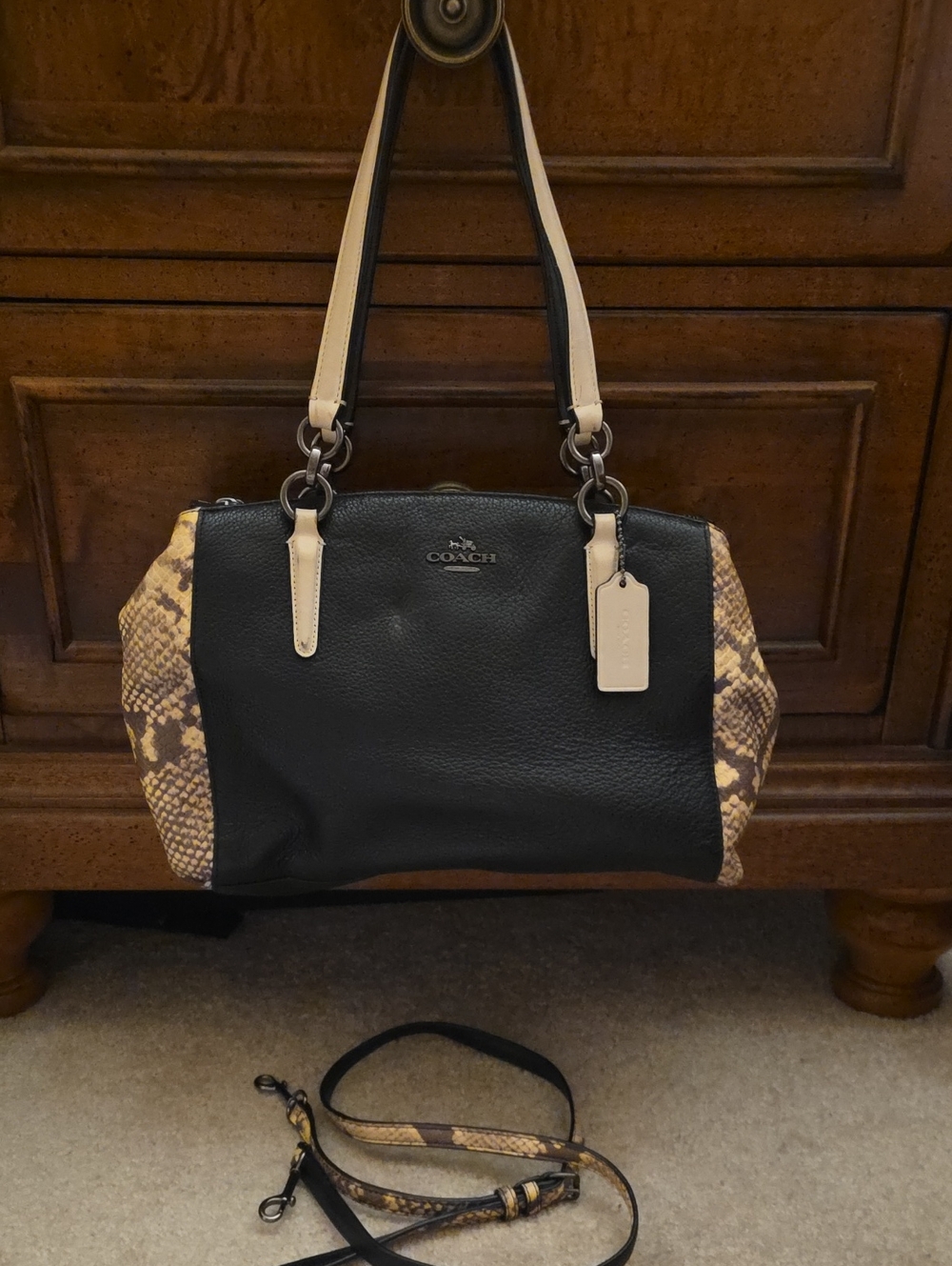 Coach Black Leather Tote with Snake-Print Panels